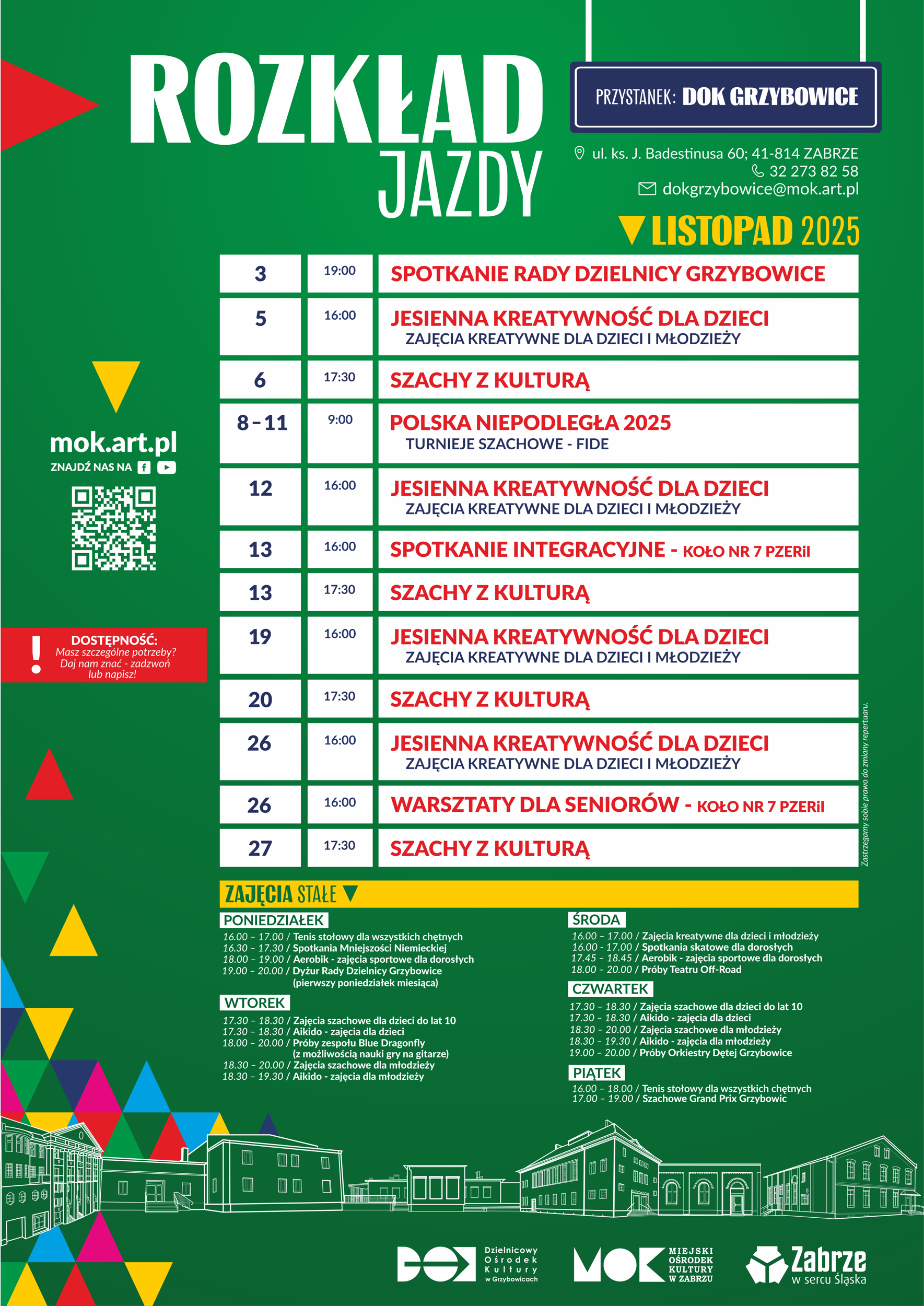 Rozkład Jazdy / DOK Grzybowice - listopad 2025 plakat z informacjami o wydarzeniach w DOK Grzybowice w listopadzie 2025